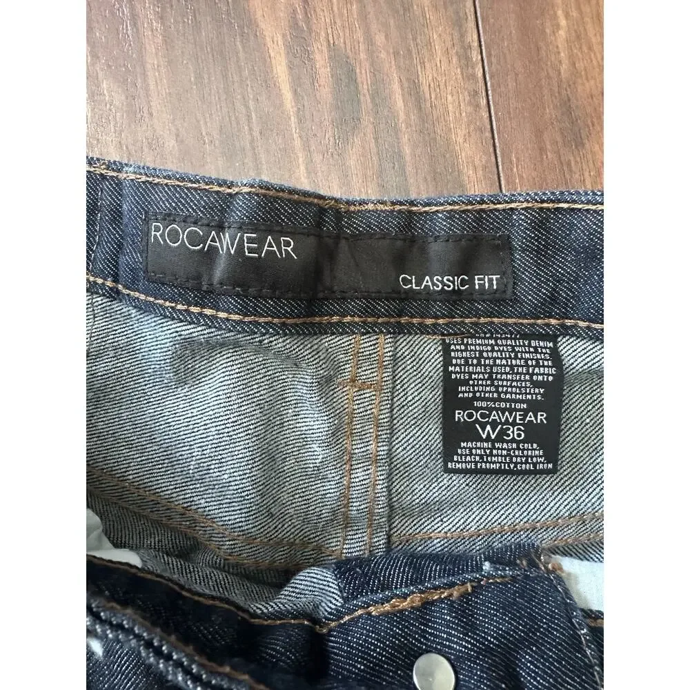 Rocawear Jeans Men's 36x32 Classic Fit Dark Wash Denim Double R Flaps Hip Hop